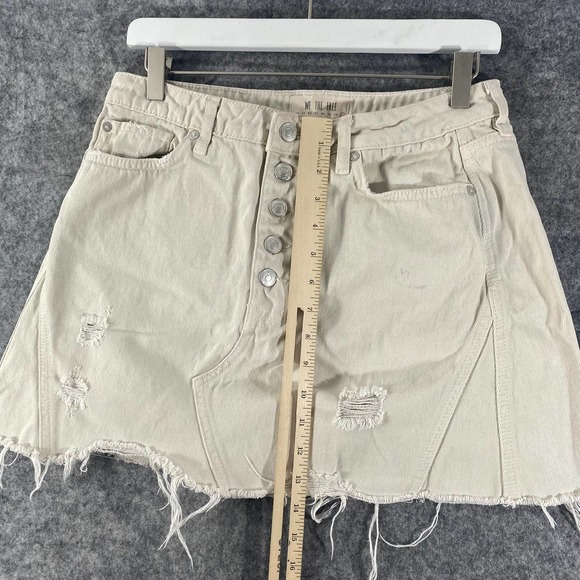 Free People Skirt 31 Beige Denim High Rise Distressed Mini Button Fly - Picture 5 of 11